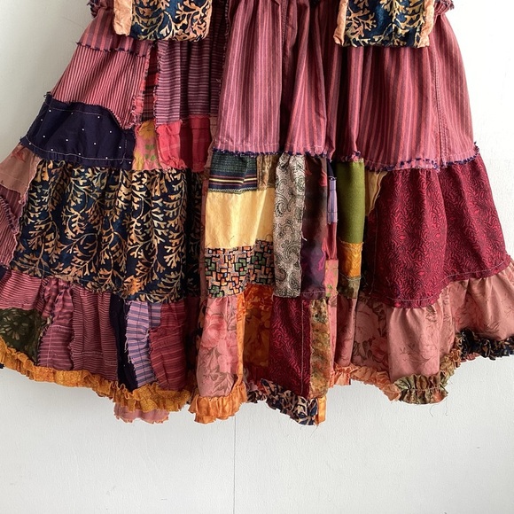 Upcycled Boho Tiered Jean Top Ruffled Hem Raw Edge Patchwork Midi Skirt Med to L - Picture 4 of 15